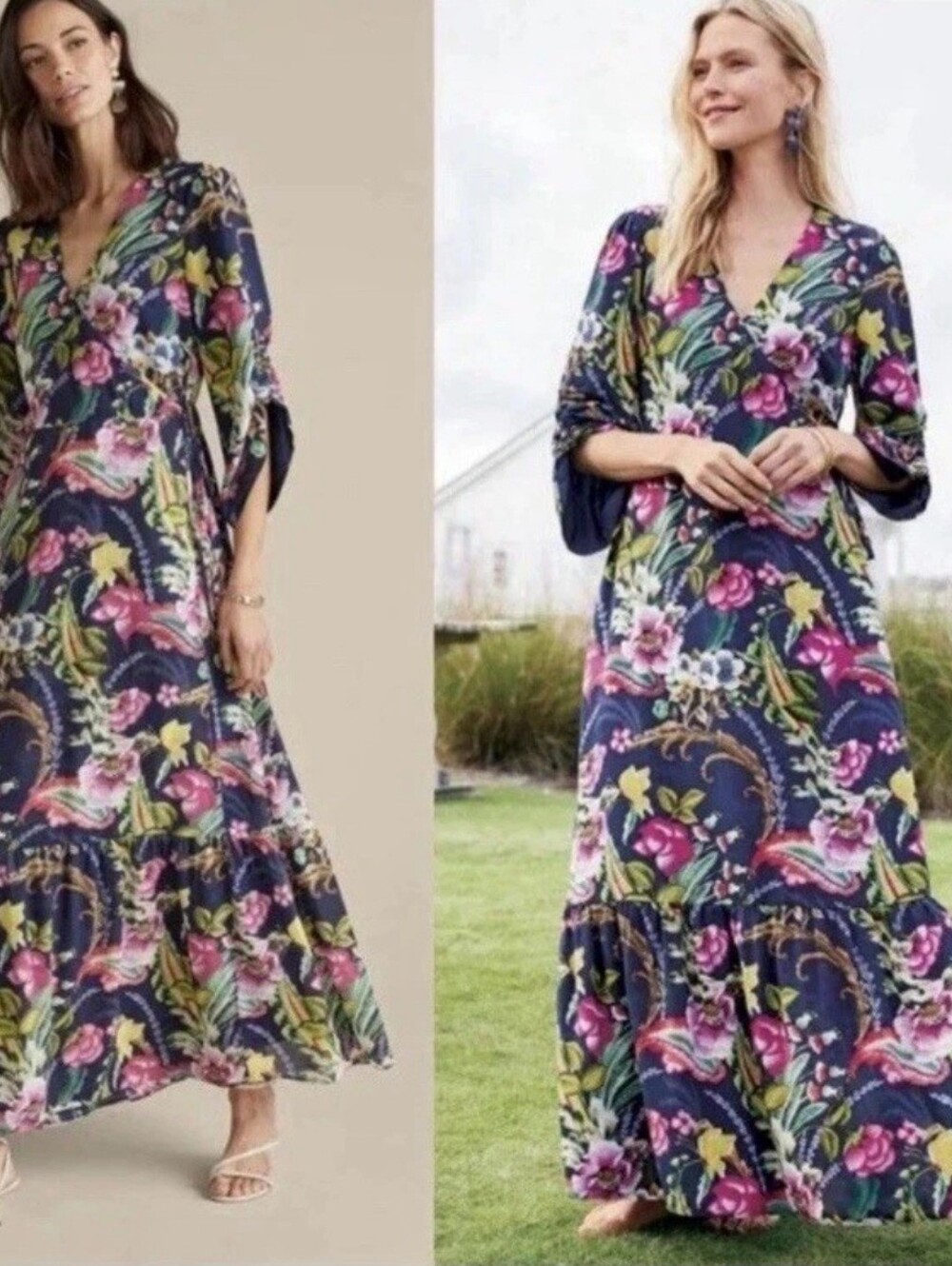 Soft Surroundings Navy Paisley Floral Samantha Maxi Wrap Dress Size Medium